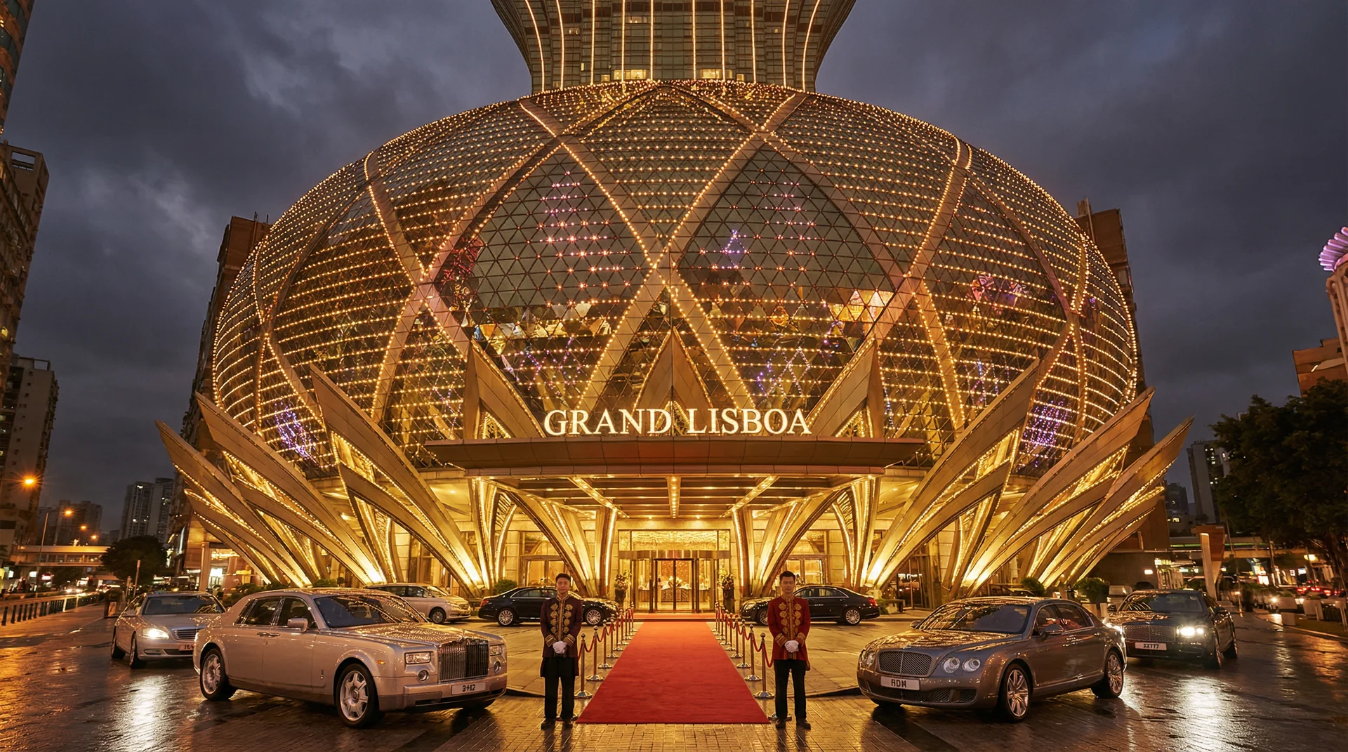 澳门新葡京娱乐场标志性莲花造型建筑夜景